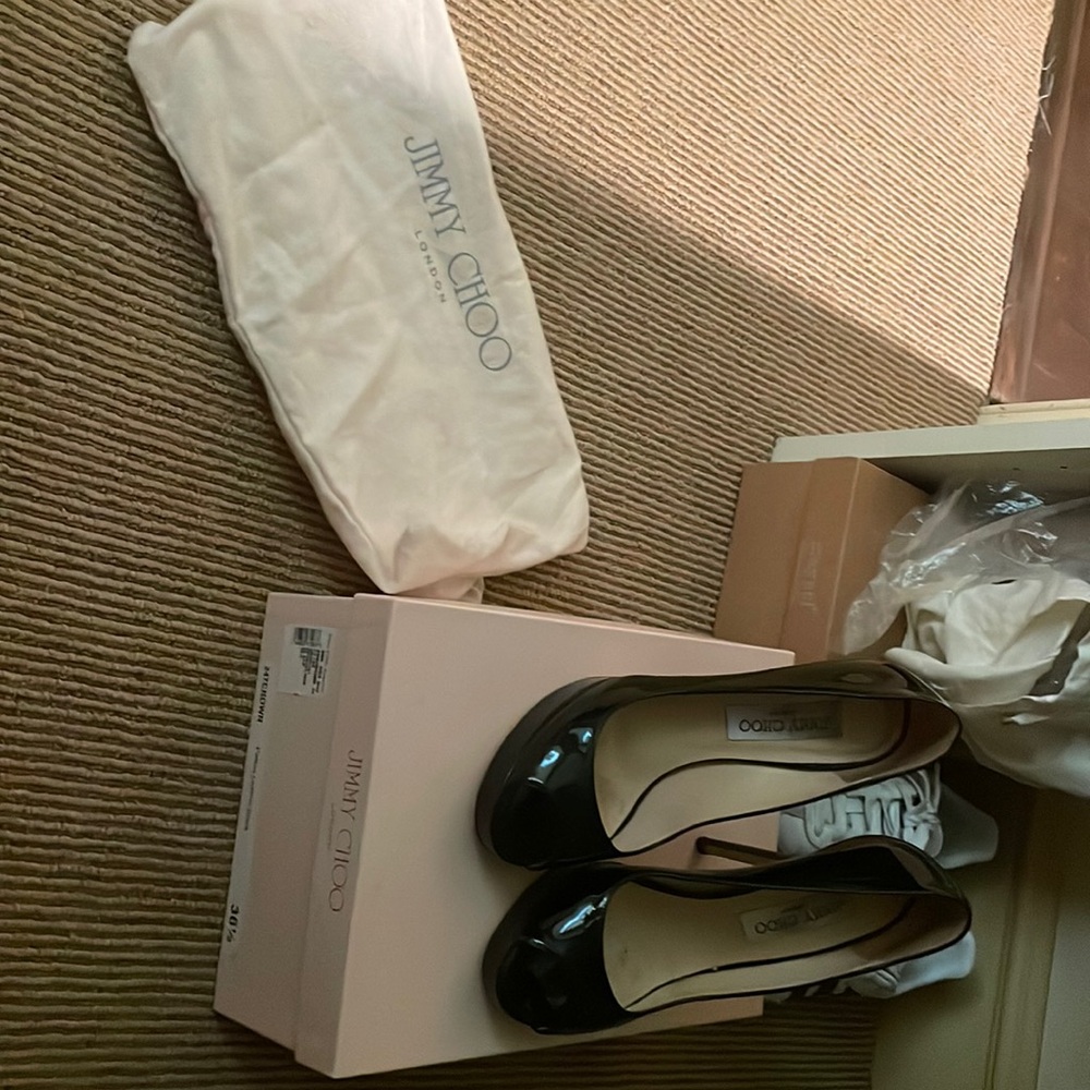 Black Jimmy Choo peep toe heels, with box, dust bag and original receipt